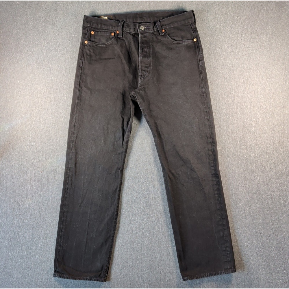 Levis 501 Premium Jeans Mens 34x30 Black Denim Button Fly Big E Straight Leg EUC
